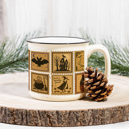 Vintage Halloween Camping Mug Gift Pumpkins, Ghost and Cats