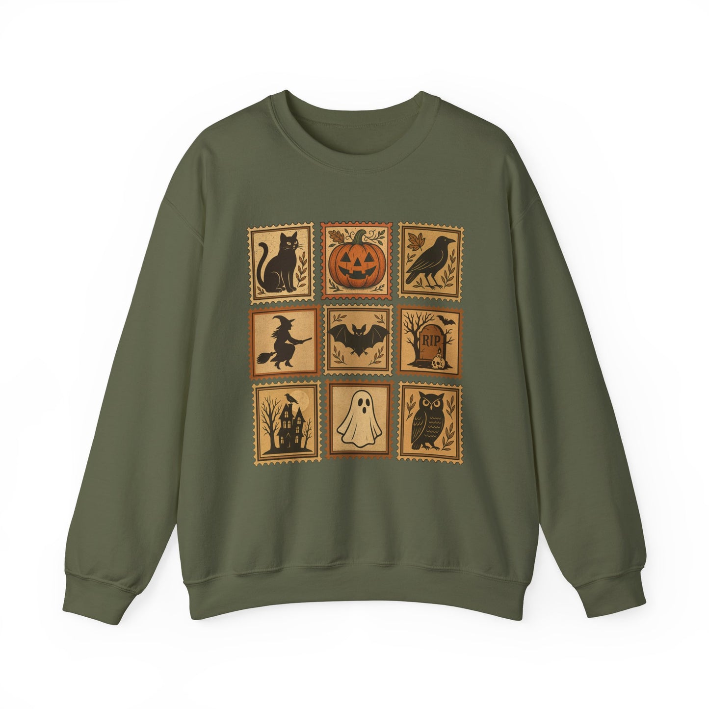 Halloween Vintage Stamps Cat and pumpkins Crewneck - Cozy Fall Sweatshirt Outfit