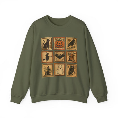 Halloween Vintage Stamps Cat and pumpkins Crewneck - Cozy Fall Sweatshirt Outfit