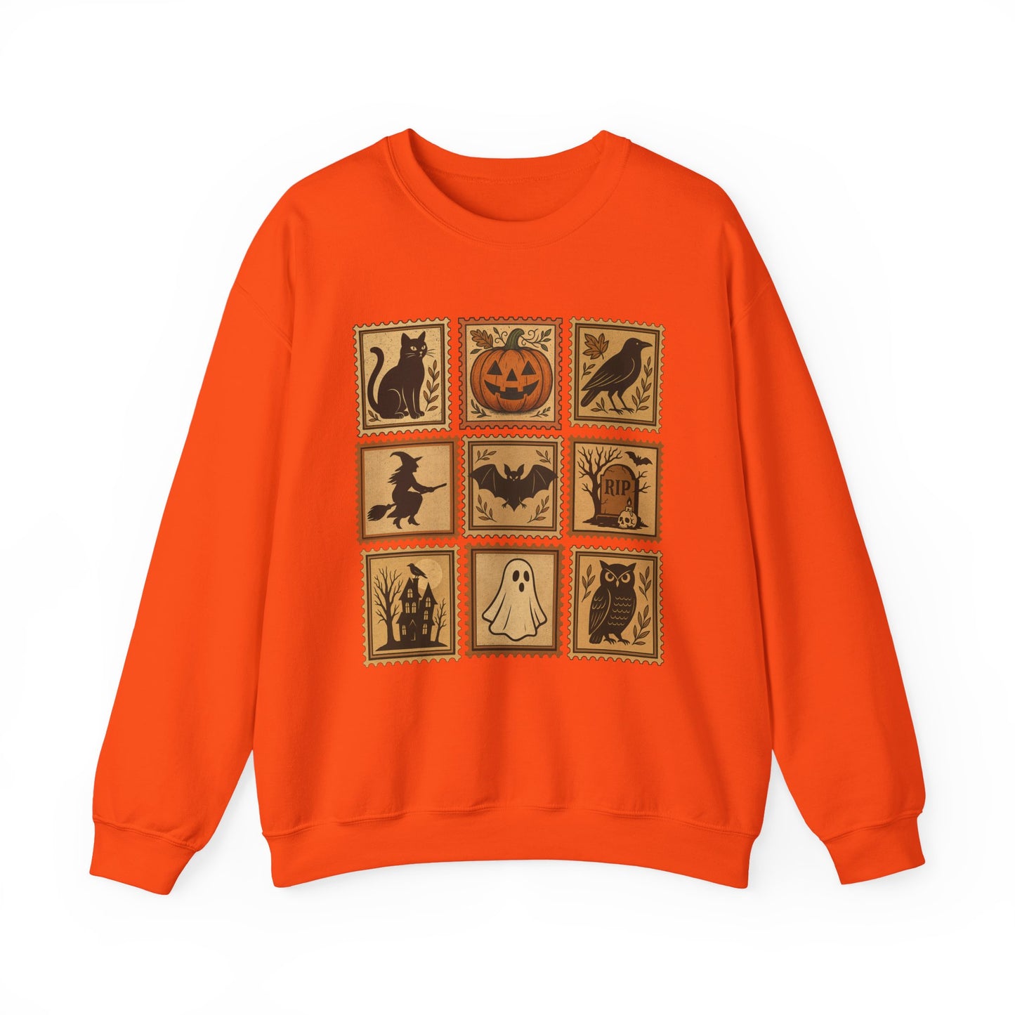 Halloween Vintage Stamps Cat and pumpkins Crewneck - Cozy Fall Sweatshirt Outfit