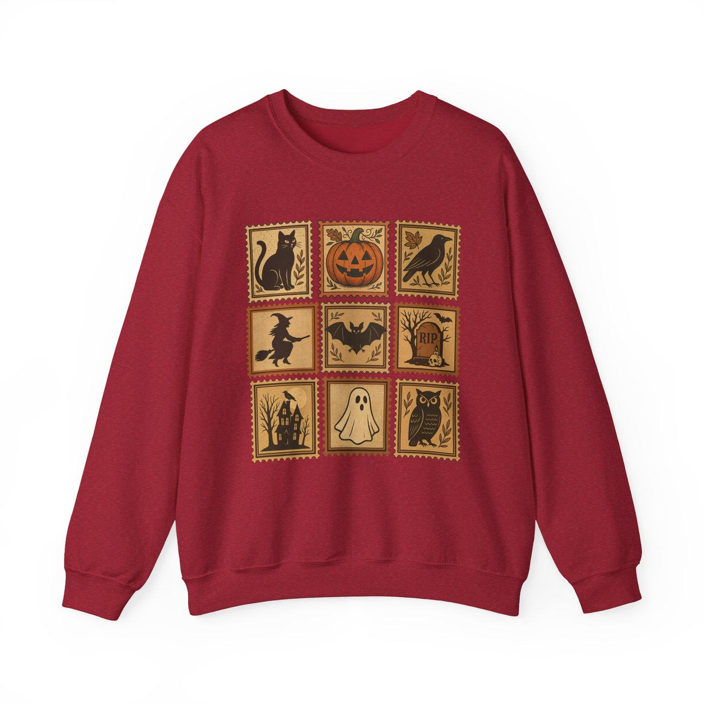 Halloween Vintage Stamps Cat and pumpkins Crewneck - Cozy Fall Sweatshirt Outfit