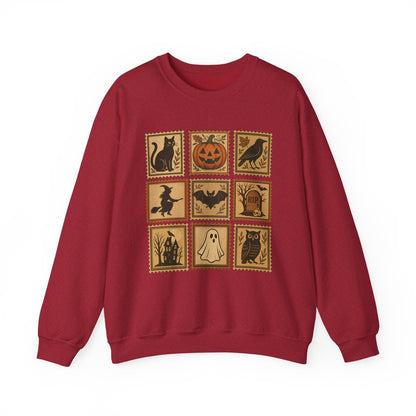 Halloween Vintage Stamps Cat and pumpkins Crewneck - Cozy Fall Sweatshirt Outfit