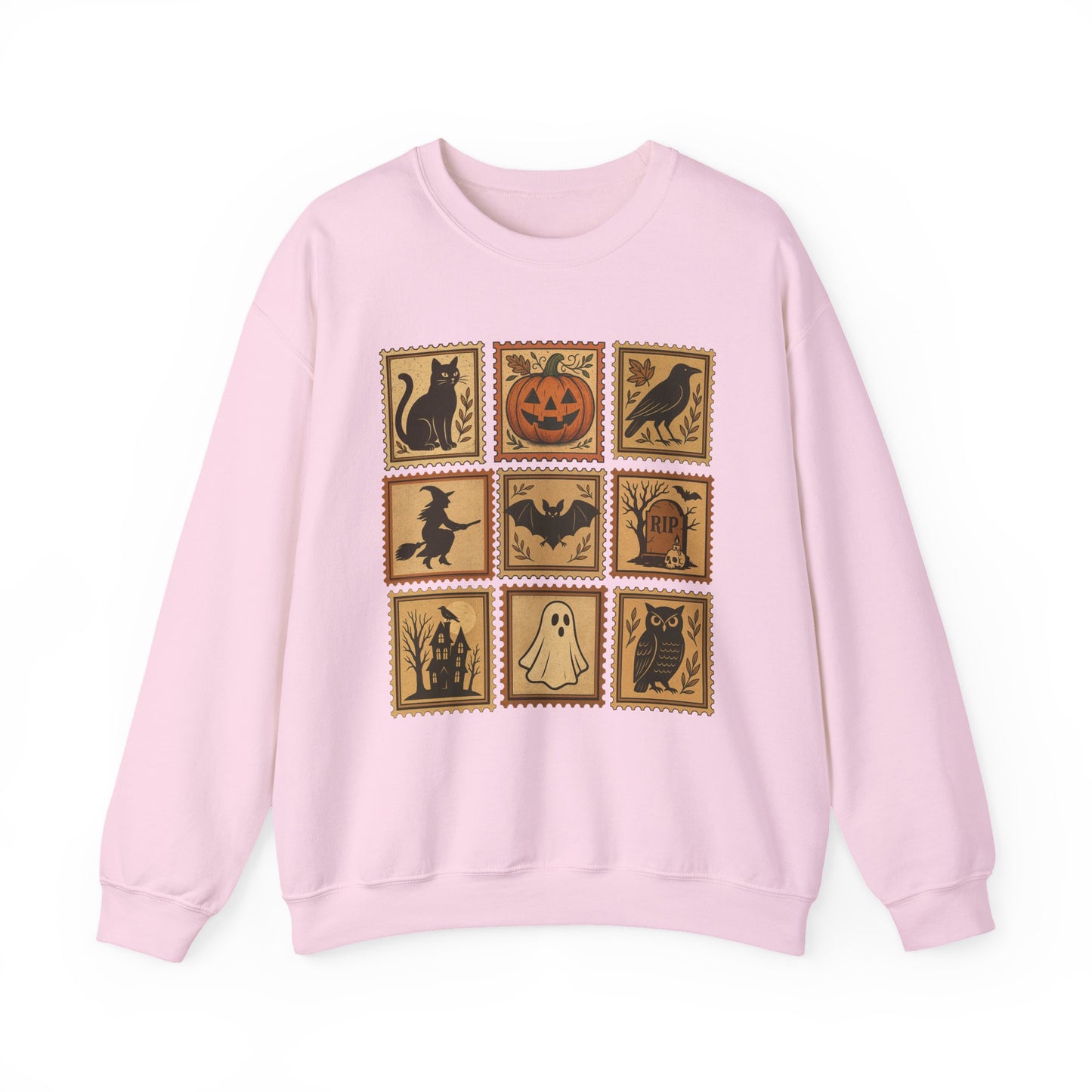 Halloween Vintage Stamps Cat and pumpkins Crewneck - Cozy Fall Sweatshirt Outfit
