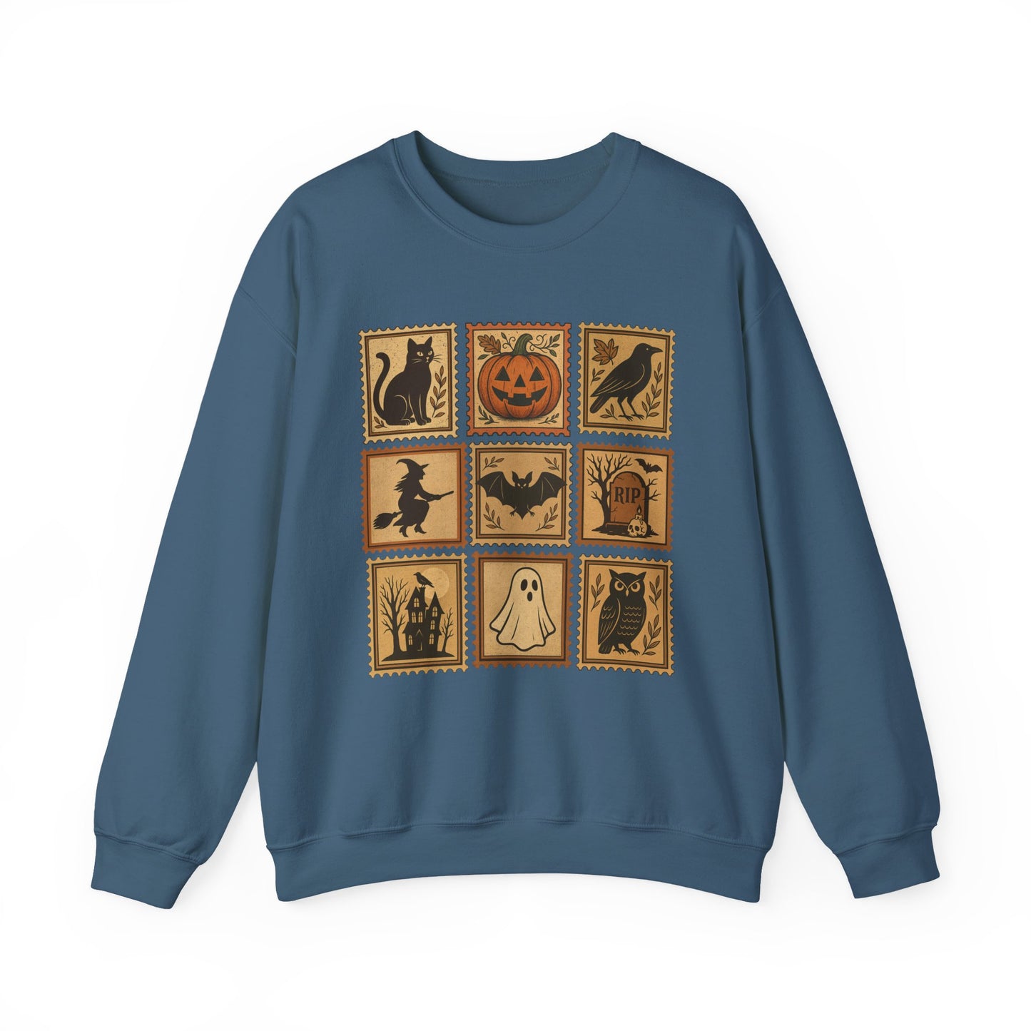 Halloween Vintage Stamps Cat and pumpkins Crewneck - Cozy Fall Sweatshirt Outfit