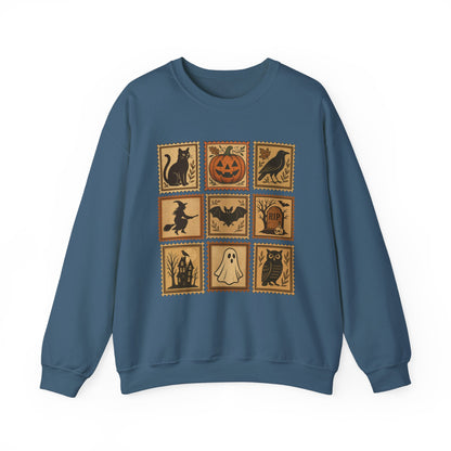 Halloween Vintage Stamps Cat and pumpkins Crewneck - Cozy Fall Sweatshirt Outfit