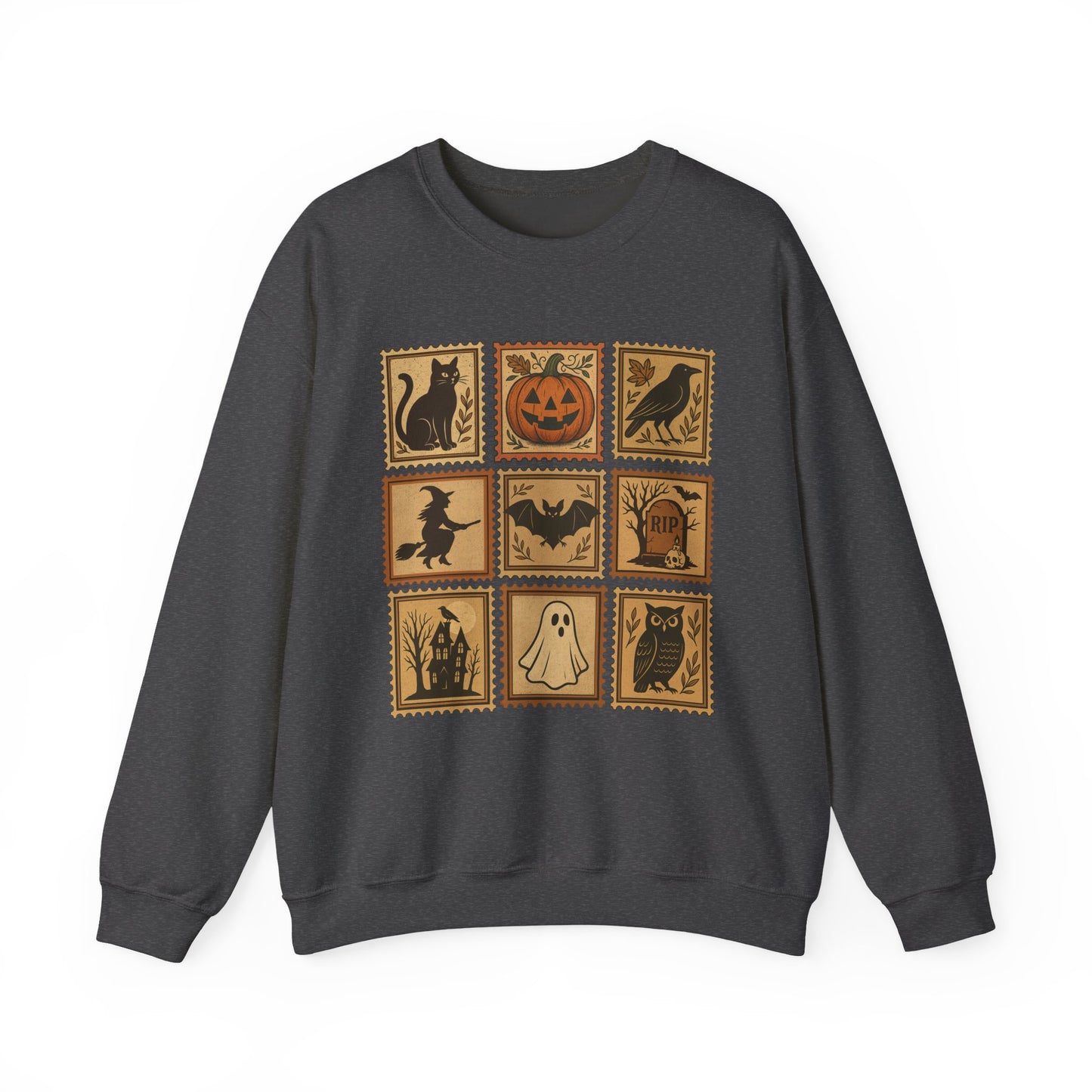 Halloween Vintage Stamps Cat and pumpkins Crewneck - Cozy Fall Sweatshirt Outfit