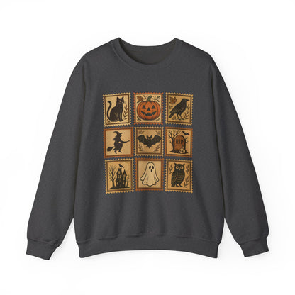 Halloween Vintage Stamps Cat and pumpkins Crewneck - Cozy Fall Sweatshirt Outfit