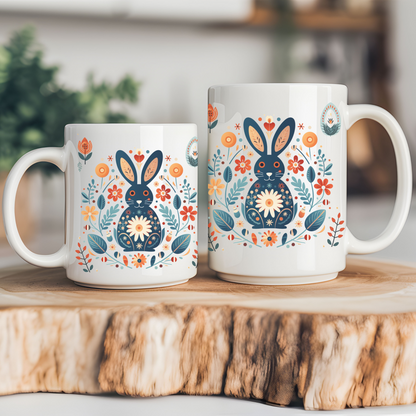 Rabbit nordic folk art Mug, Appreciation Gift Coffee Mug Scandinavian Design Cozy Mug