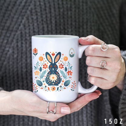 Rabbit nordic folk art Mug, Appreciation Gift Coffee Mug Scandinavian Design Cozy Mug