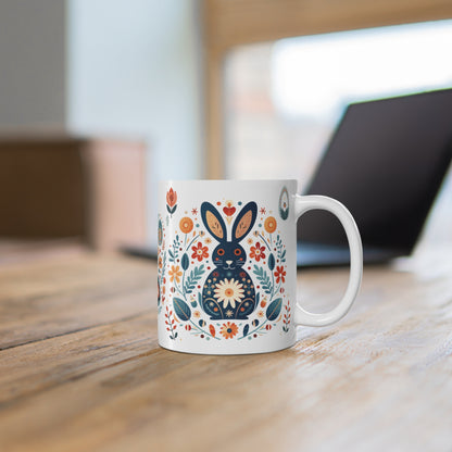Rabbit nordic folk art Mug, Appreciation Gift Coffee Mug Scandinavian Design Cozy Mug