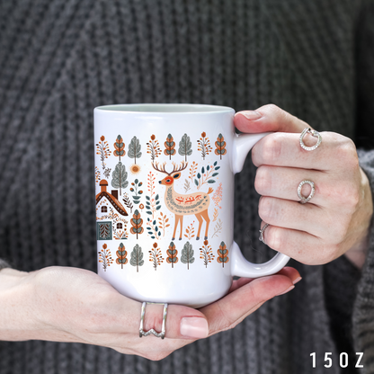 Deer Nordic Folk Art Mug -Woods Deer Season Cozy Hygge Mountains Mug