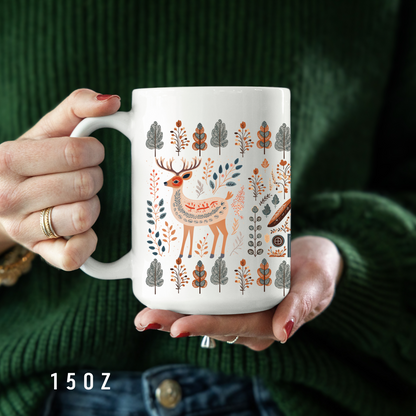 Deer Nordic Folk Art Mug -Woods Deer Season Cozy Hygge Mountains Mug