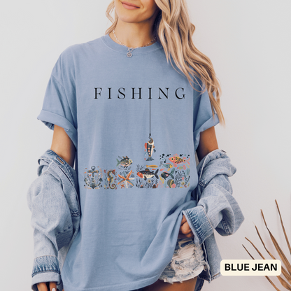Fishing Unisex T-Shirt - Folk Art Vintage Nautical Style Tee - Fisherman Sailing Gift