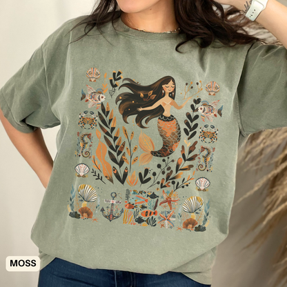 Boho Mermaid Dyed T-shirt, Beach Season Shirt, Coastal Vacation Tee, Folk Art Top