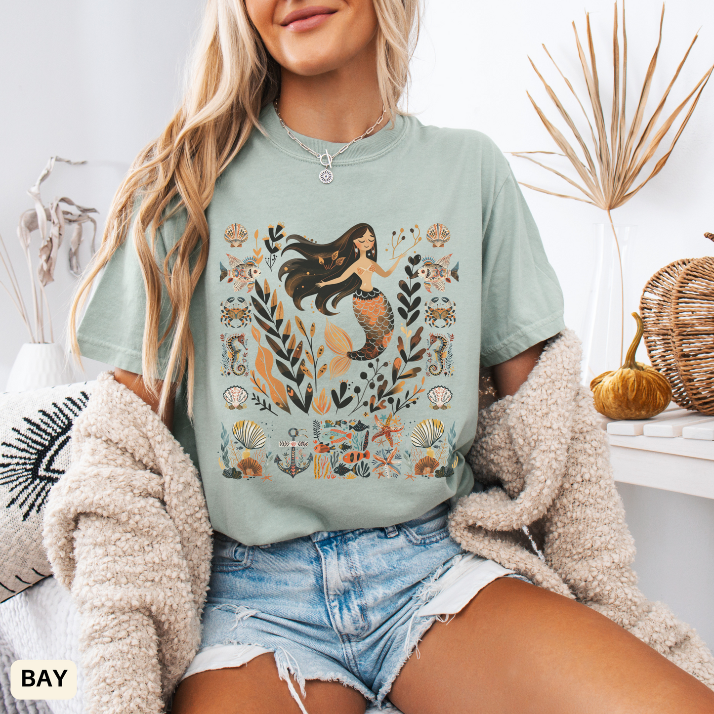 Boho Mermaid Dyed T-shirt, Beach Season Shirt, Coastal Vacation Tee, Folk Art Top
