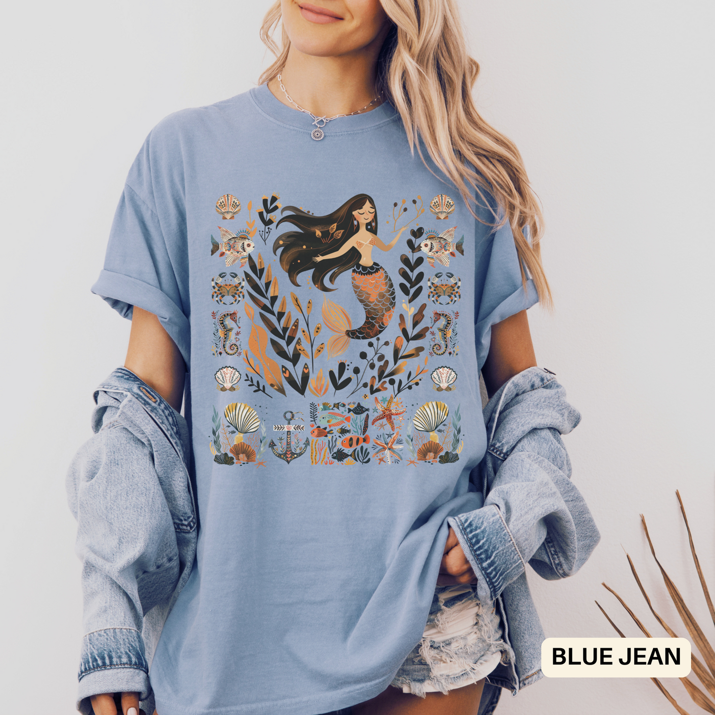 Boho Mermaid Dyed T-shirt, Beach Season Shirt, Coastal Vacation Tee, Folk Art Top