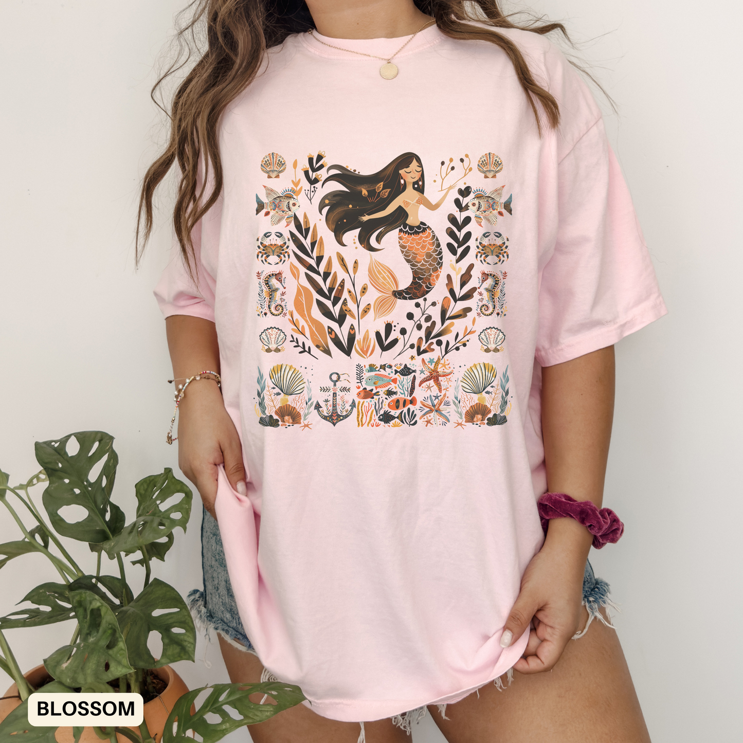 Boho Mermaid Dyed T-shirt, Beach Season Shirt, Coastal Vacation Tee, Folk Art Top