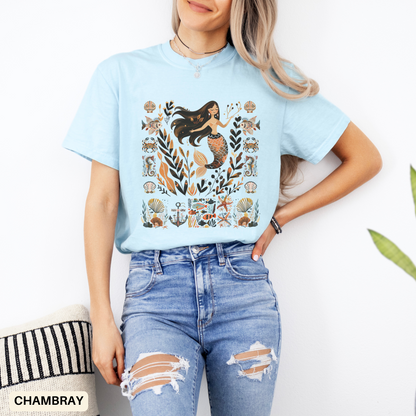Boho Mermaid Dyed T-shirt, Beach Season Shirt, Coastal Vacation Tee, Folk Art Top