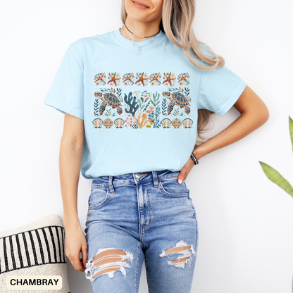 Coastal Sea Turtle Folk Art T-shirt - Beach Summer Outfit Unisex
