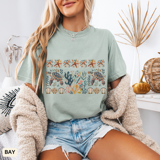 Coastal Sea Turtle Folk Art T-shirt - Beach Summer Outfit Unisex