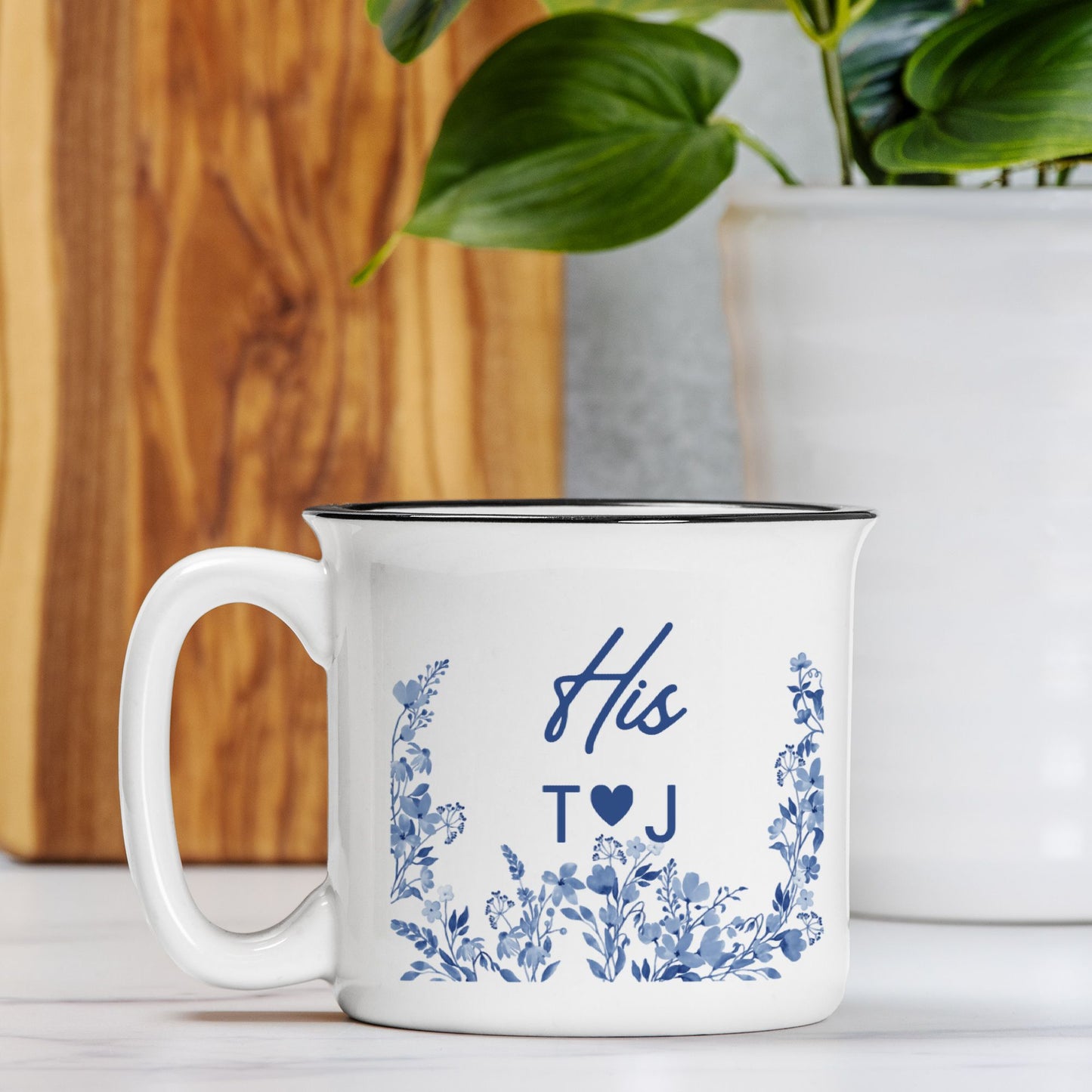 Personalized Engagement Gift Mug - His and Hers Blue Floral - Custom Wedding Gift for Couple