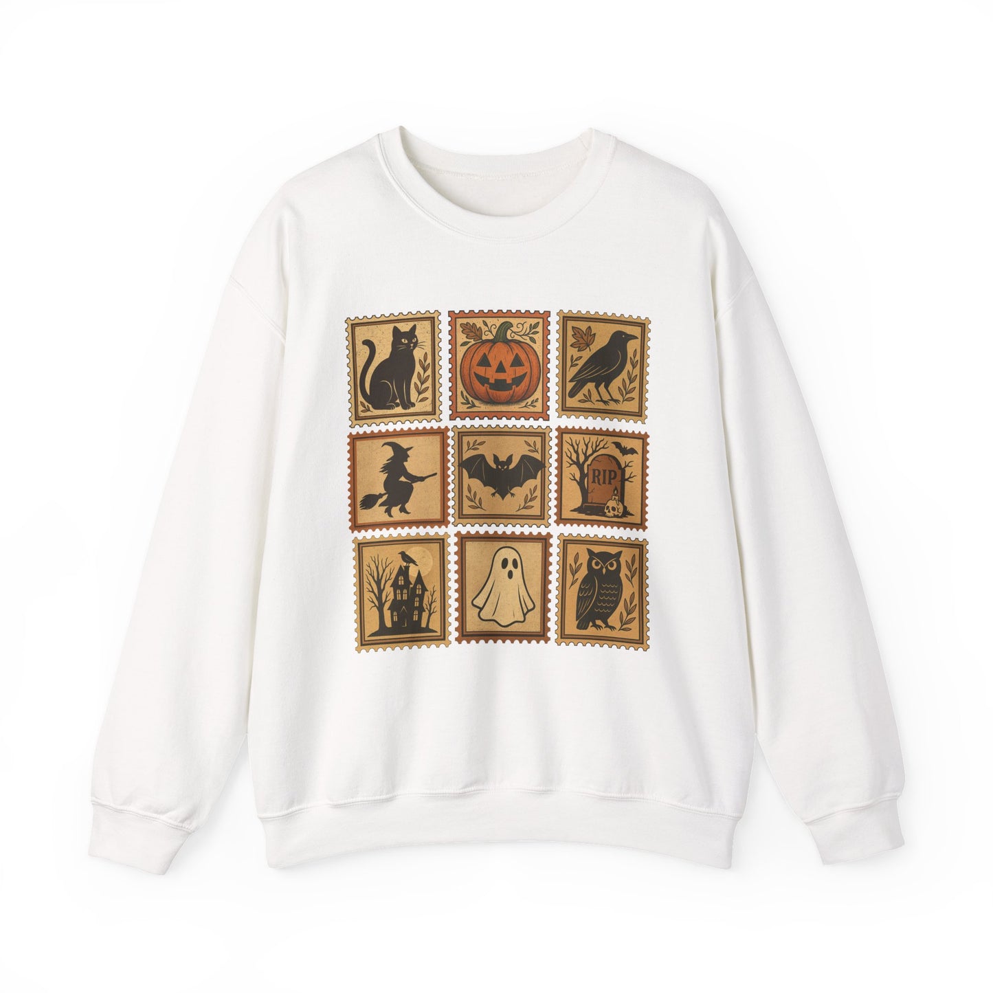 Halloween Vintage Stamps Cat and pumpkins Crewneck - Cozy Fall Sweatshirt Outfit