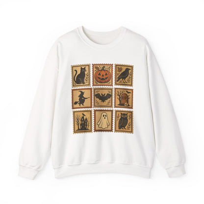 Halloween Vintage Stamps Cat and pumpkins Crewneck - Cozy Fall Sweatshirt Outfit