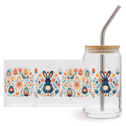Rabbit Gift Nordic Folk Art Glass Spring Floral Mug, Easter Bunny Gift