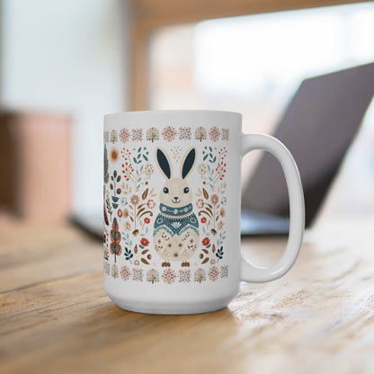 Rabbit Coffee Mug Folk Art - Scandinavian Coffee Cup