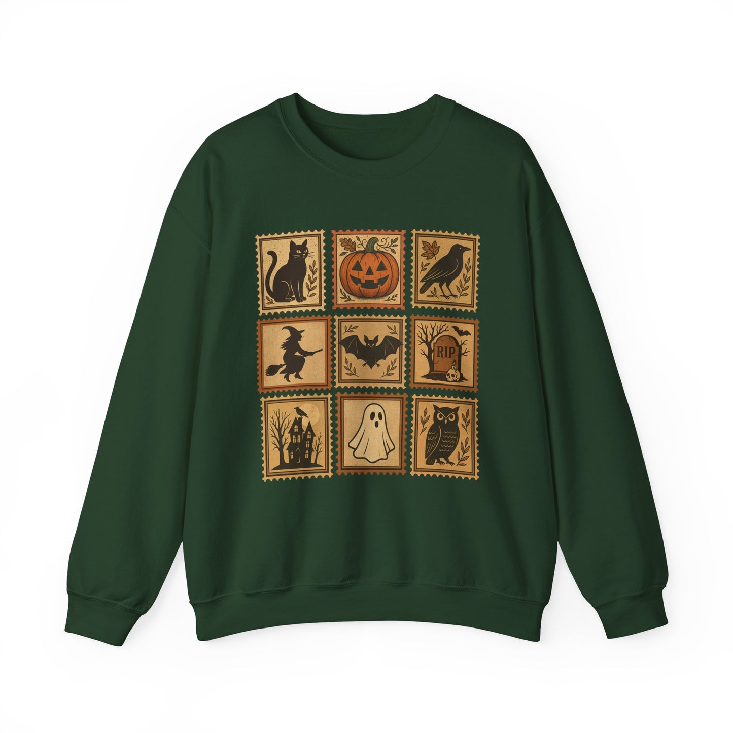 Halloween Vintage Stamps Cat and pumpkins Crewneck - Cozy Fall Sweatshirt Outfit