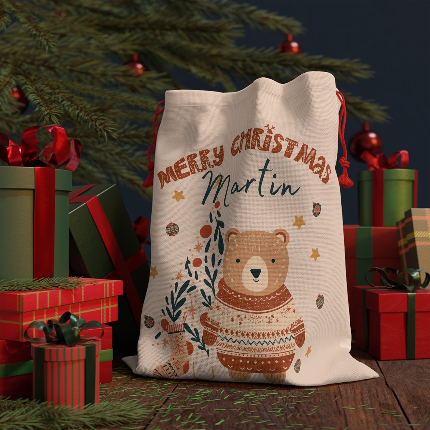 Christmas Gift Bag Scandinavian Bear Holiday Stocking