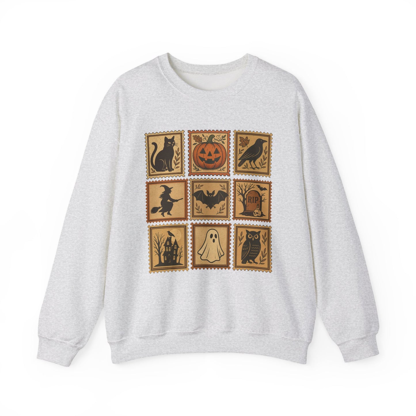 Halloween Vintage Stamps Cat and pumpkins Crewneck - Cozy Fall Sweatshirt Outfit