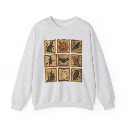 Halloween Vintage Stamps Cat and pumpkins Crewneck - Cozy Fall Sweatshirt Outfit