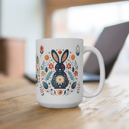 Rabbit nordic folk art Mug, Appreciation Gift Coffee Mug Scandinavian Design Cozy Mug