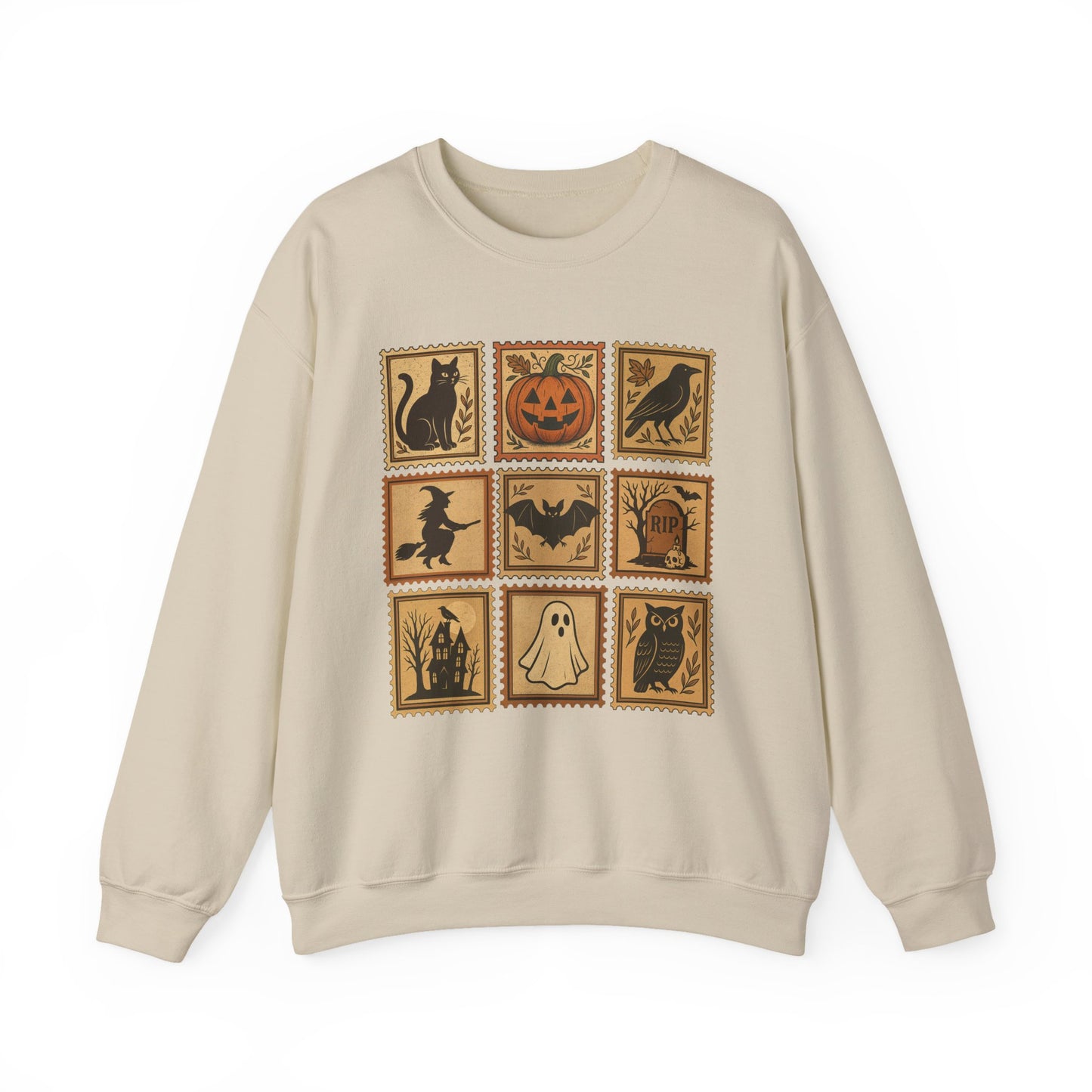 Halloween Vintage Stamps Cat and pumpkins Crewneck - Cozy Fall Sweatshirt Outfit
