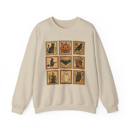 Halloween Vintage Stamps Cat and pumpkins Crewneck - Cozy Fall Sweatshirt Outfit