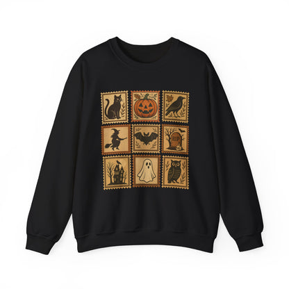 Halloween Vintage Stamps Cat and pumpkins Crewneck - Cozy Fall Sweatshirt Outfit