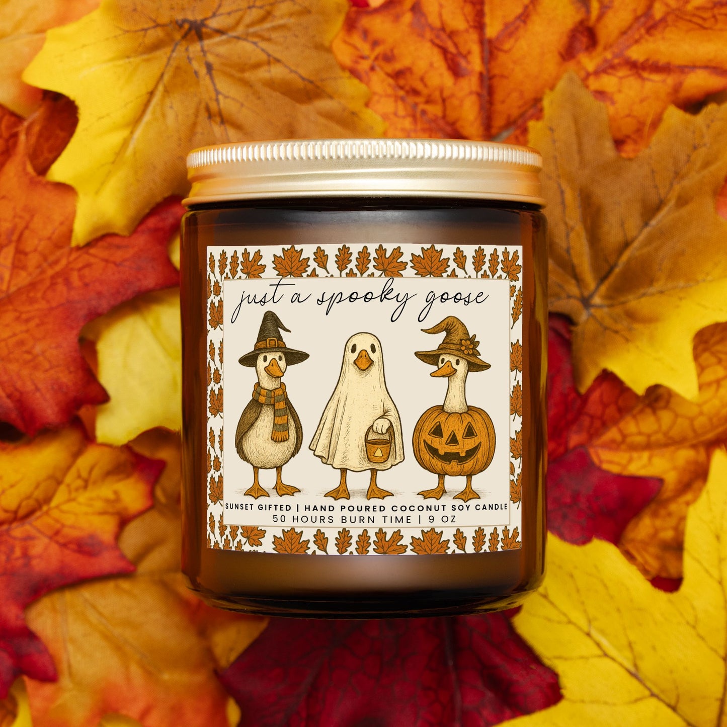 Halloween Spooky Goose Candle - Cozy Fall Scented Gift 9oz Amber Jar