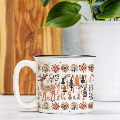 Deer Mug Mountain Camping Cup Gift Scandinavian Folk Art design - Pine trees Mug