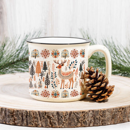 Deer Mug Mountain Camping Cup Gift Scandinavian Folk Art design - Pine trees Mug