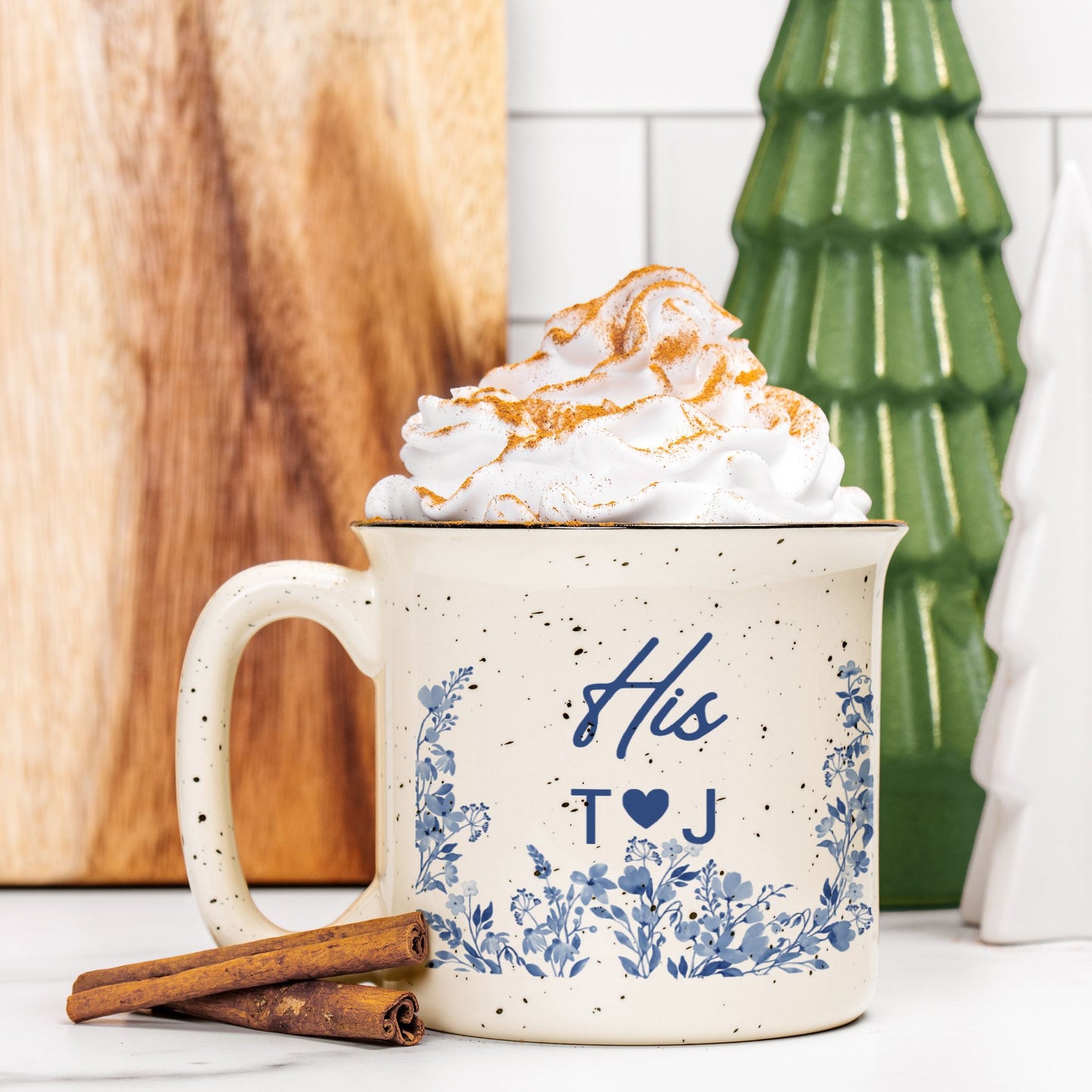 Personalized Engagement Gift Mug - His and Hers Blue Floral - Custom Wedding Gift for Couple