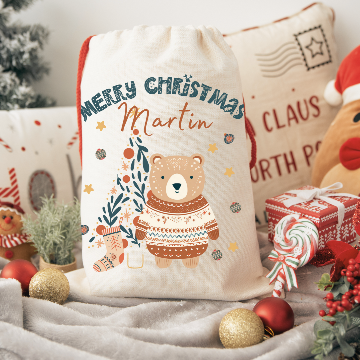 Christmas Gift bag Stocking with Scandinavian bear illustration and 'Merry Christmas text