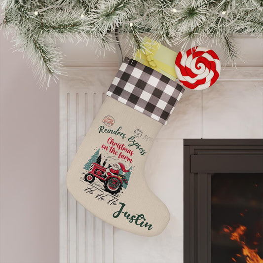 Linen Stocking Boot themed with a Santa in a Tractor perfect for Farmhouse Stocking in Holiday Season