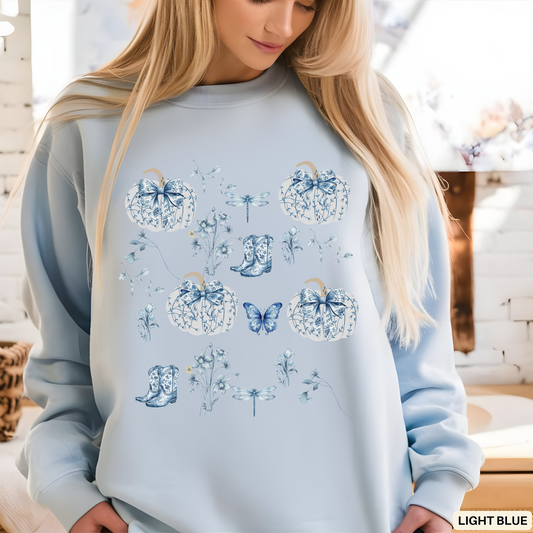 Blue Coquette Pumpkin Sweatshirt - Cozy Floral Women Fall Outfits