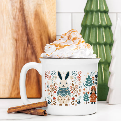 Rabbit Mug Folk Art Scandinavian decor, Easter Rabbit Floral Mom Mug
