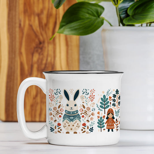 Rabbit Folk Art Mug - Scandinavian Floral Cup - Easter Mom Gift for Bunny Lovers