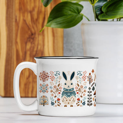 Rabbit Coffee Mug Folk Art Scandinavian design Cup- Easter Mug Gift