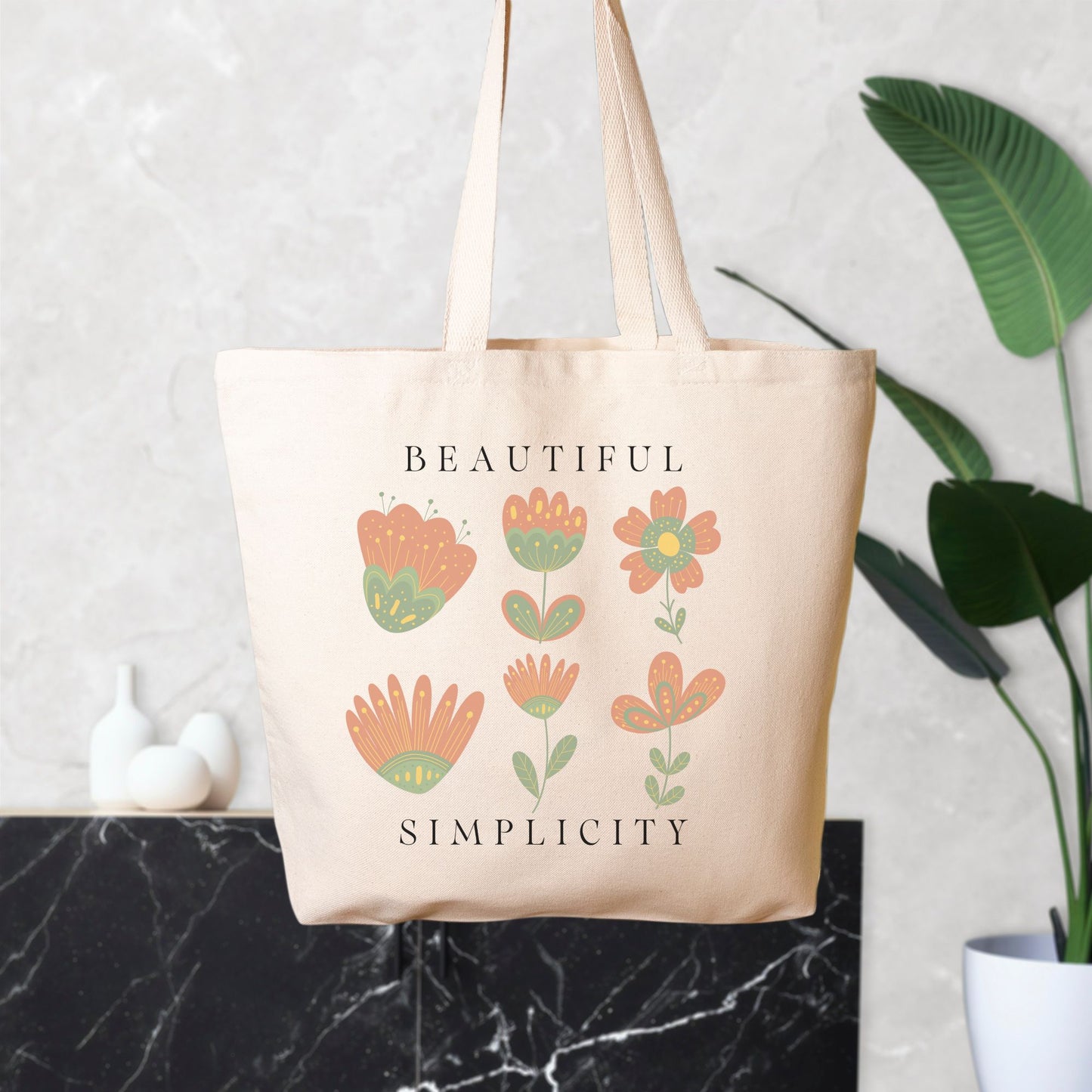 Botanical tote bag Floral Aesthetic Laptop Library Bag - Boho Nordic Folk Art Flowers