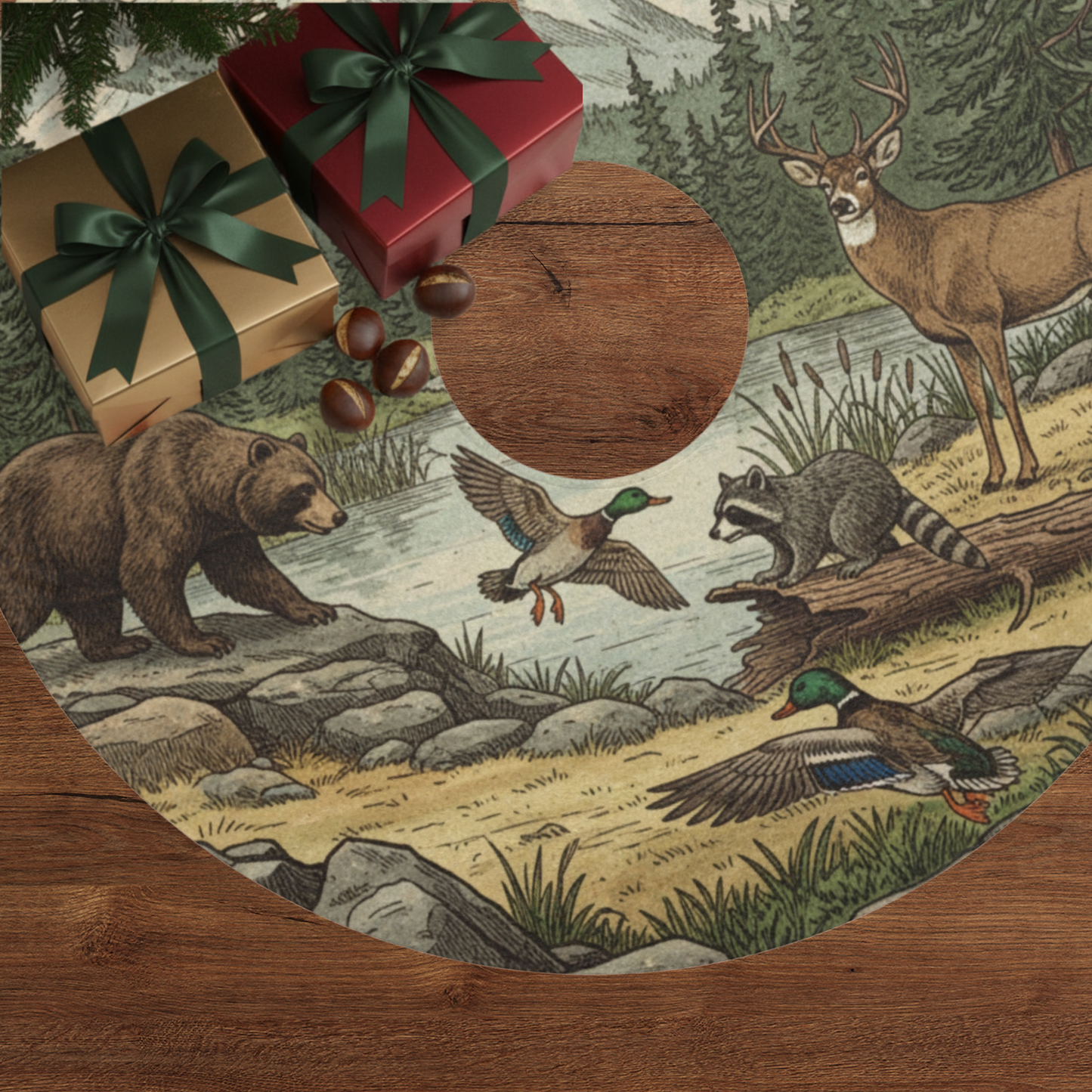 Woodland Christmas Tree Skirt - Mountain Cabin Decor - Rustic Farmhouse Holiday Gift