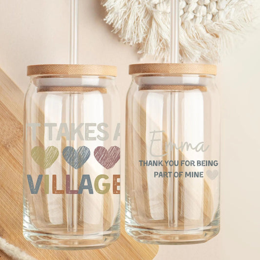 Appreciation Gift Glass Tumbler "It takes a Village" thank you gift idea